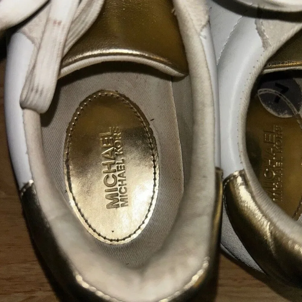 Michael Kors Womens White Leather Gold Accent Sneakers Shoes Size 7M FT24K